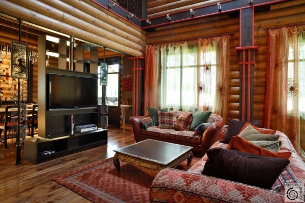 Дизайн вітальні в деревяному будинку