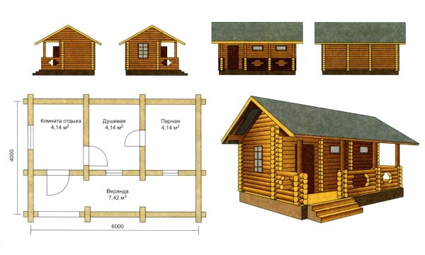 Зведення лазні з оциліндрованої колоди з кращим проектам