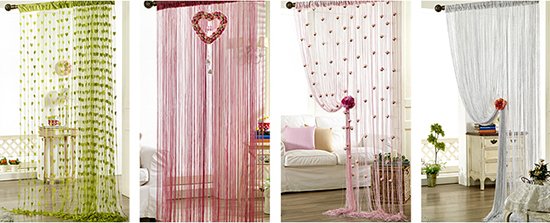 Нитяні штори серпанок в інтерєрі вітальні, кухні або спальні