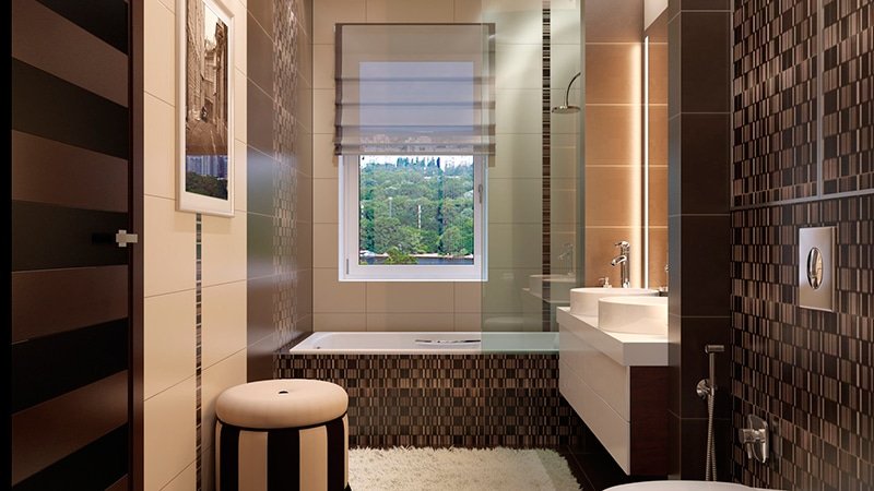 Коричнева плитка у ванній: фото бежева ванна