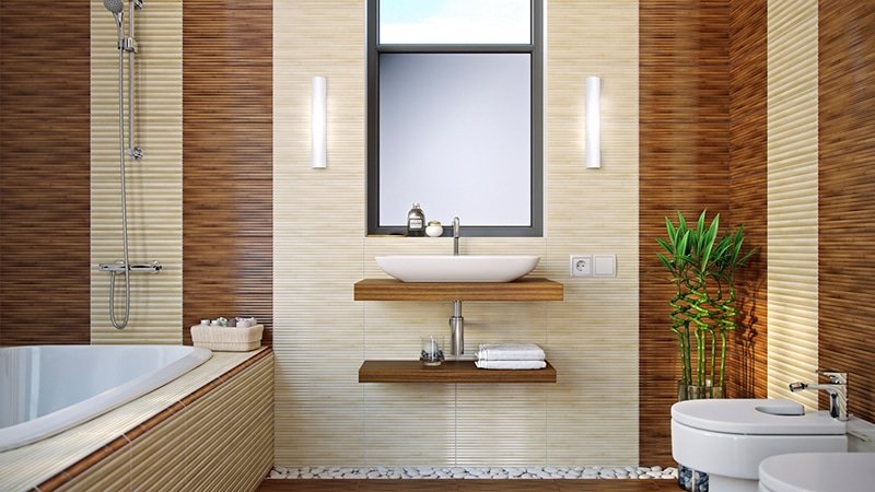 Плитка для ванної бамбук: фото жовта і блакитна кімната