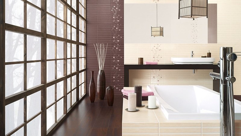 Коричнева плитка у ванній: фото бежева ванна