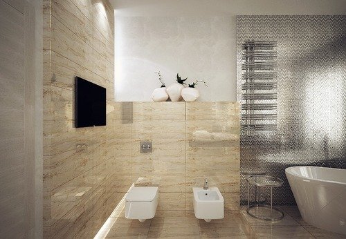 Розкішний просторий дизайн ванної кімнати з вікном