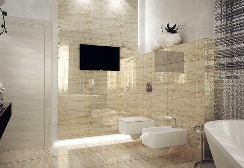 Розкішний просторий дизайн ванної кімнати з вікном