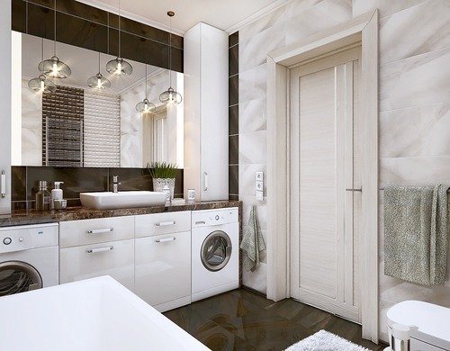 Приклад дизайну для суміщеного санвузла в чорно білих тонах Приклад дизайну для суміщеного санвузла в чорно білих тонах