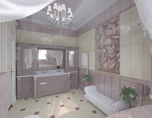 Ванна з вікном в класичному стилі, світло рожевого кольору