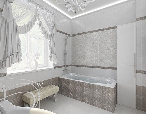 Біла неокласика з коричневими нотами для ванної з великим вікном