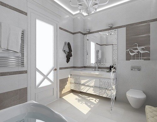 Біла неокласика з коричневими нотами для ванної з великим вікном