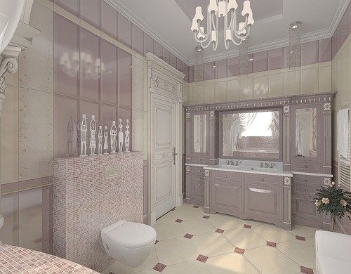 Ванна з вікном в класичному стилі, світло рожевого кольору