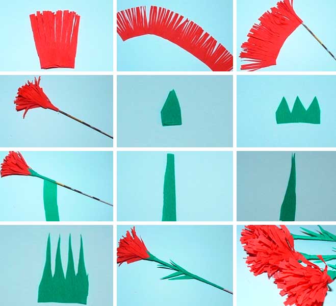 Гвоздика своїми руками з паперу для дітей на листівку. Як зробити гвоздику з гофрованого паперу Гвоздика своїми руками з паперу для дітей на листівку. Як зробити гвоздику з гофрованого паперу